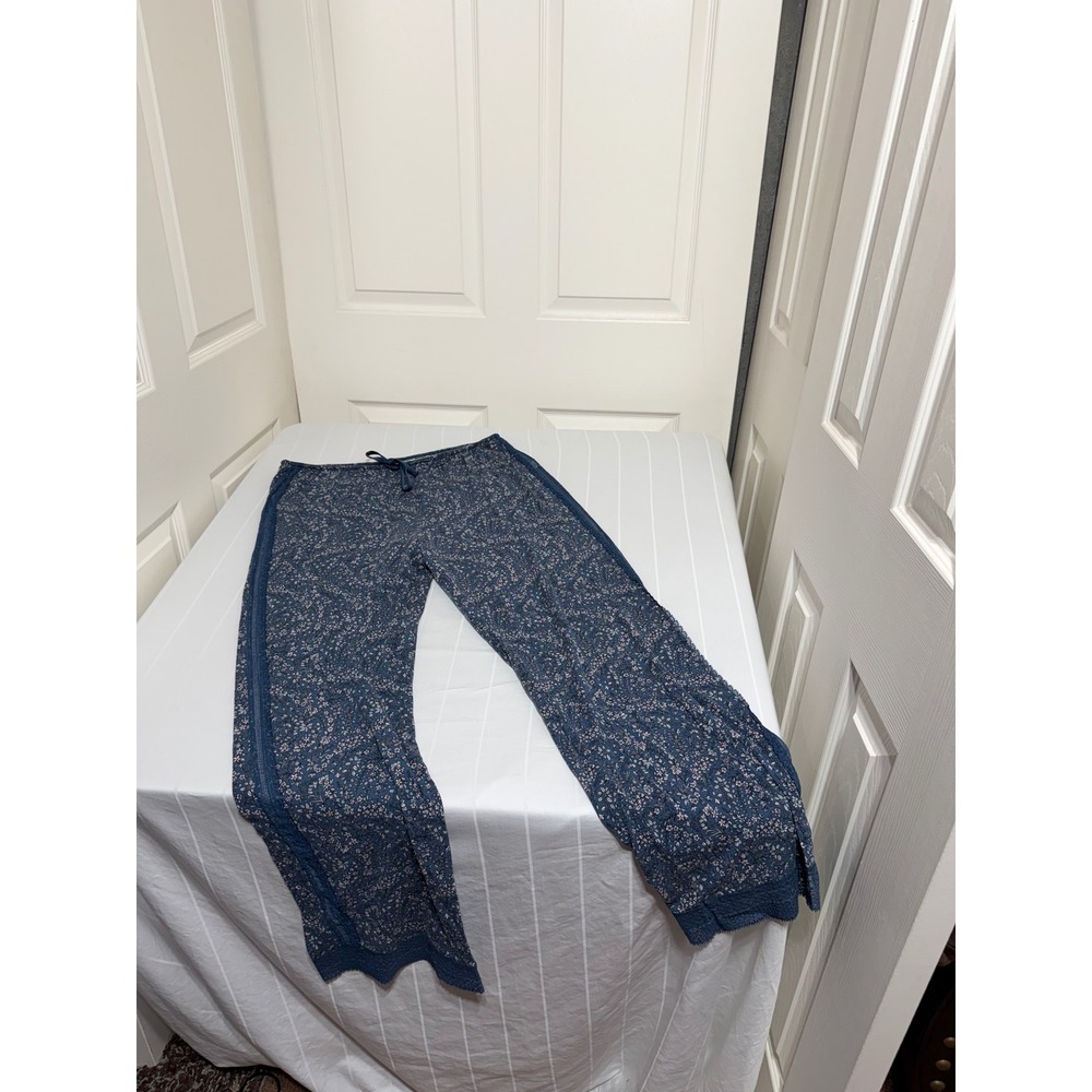 Victorias Secret Blue Floral Lace Trim Pajama Pants Drawstring Lounge Sleep L